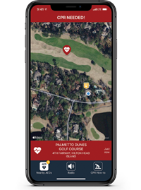 An image of a cell phone showing an overhead shot of a golf course, with a heart icon in the middle and a banner reading “CPR NEEDED!” at the top
